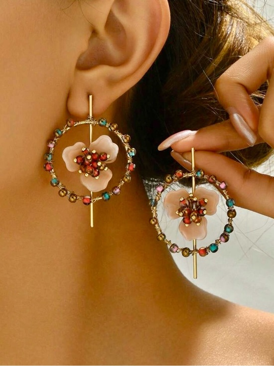 Free People Jewelry - Gold Multi-Color Floral Hoop Earrings